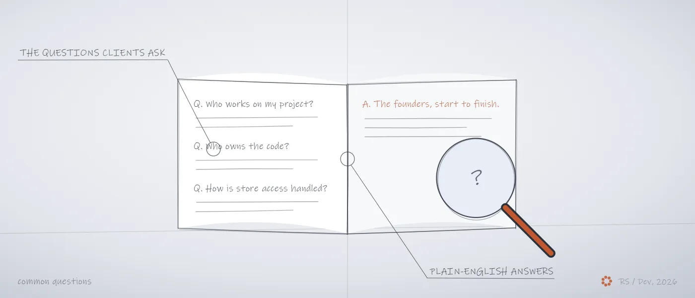 Concept sketch of an open notebook of client questions and answers under a magnifying glass